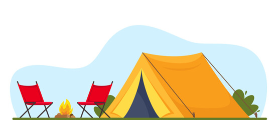 Orange tent, campfire and chairs. Banner, poster for Climbing, hiking, trakking sport, adventure tourism, travel, backpacking. Vector illustration.