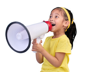 Communication, speech and child with megaphone for news, opinion and announcement isolated on a...