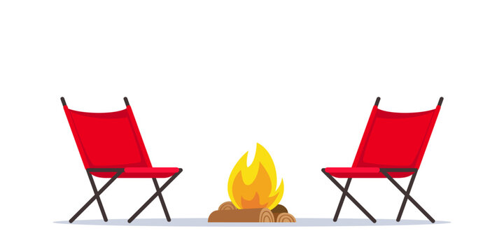 Campfire and camping chairs. Summer portable outdoor furniture for traveling. Climbing, hiking, trakking sport, adventure tourism, travel, backpacking. Vector illustration.
