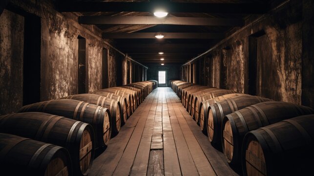 Whiskey Tasting Tours: Discovering the Best Distilleries, cellar with barells generative AI