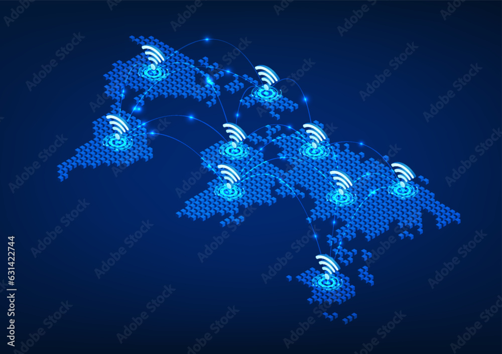 Poster wifi technology on an interconnected world map refers to the wi-fi technology that is used around th
