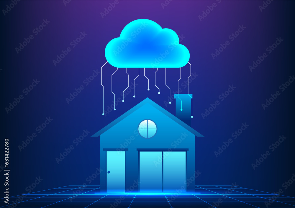 Poster cloud technology clouds hover above the house with interconnected circuit boards. refers to the tech