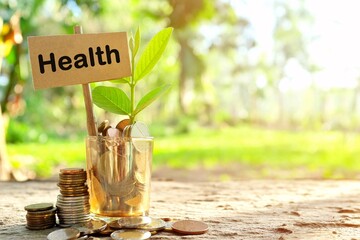 Investment on health concept. Coins in a jar with soil and growing plant in nature background.