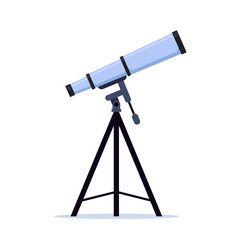 Optical device to explore, discover galaxy, cosmos, space. Telescope on tripod. Modern portable three legged telescope, astronomer equipment. Vector illustration.