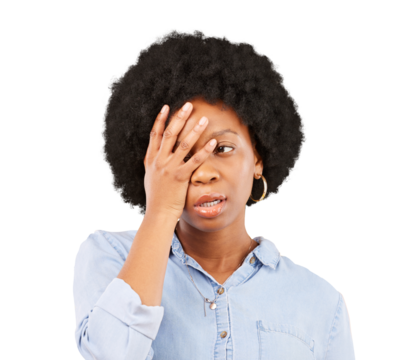 Depression, frustrated or black woman with headache, anxiety or girl isolated on transparent background. Female person, anxious or model with mental health, angry or migraine with png or lose control