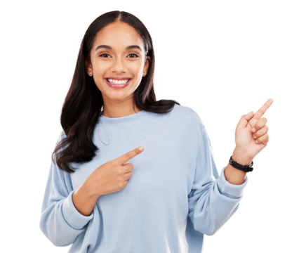 Happy woman, portrait and pointing hands for advertising isolated on a transparent PNG background. Female person or model finger for advertisement show, discount sale or promotion deal and marketing