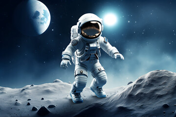 Baby spaceman or astronaut on surface of moon. - obrazy, fototapety, plakaty