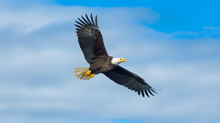 Naklejka premium American bald eagle soaring against blue sky.