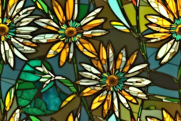 Сhamomile in stained glass style, 3d, seamless pattern