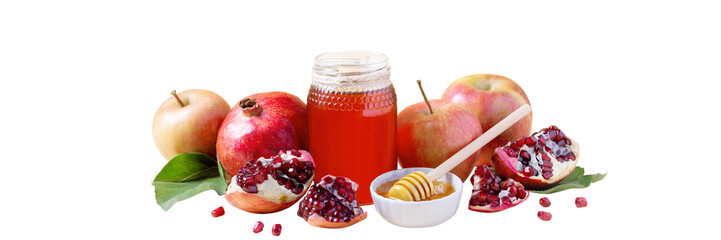 Web banner with apples, jar of honey and pomegranates on tray for Jewish holiday Rosh Hashanah, honey and fruits isolated - obrazy, fototapety, plakaty