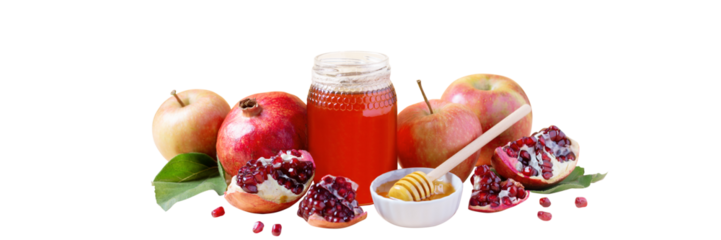 Web banner with apples, jar of honey and pomegranates on tray for Jewish holiday Rosh Hashanah, honey and fruits isolated