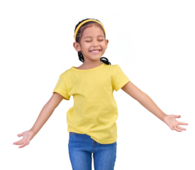Laughing, excited and a girl with a smile, celebration and playing in youth. Happy, female child or young kid with open arms, freedom and fashion kid clothes isolated on a transparent png background