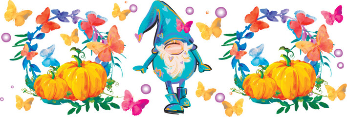 Gnome, dwarf and autumn pumpkins. Butterflies, flower background. Halloween illustration. Horizontal paint, watercolour.