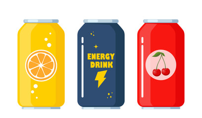 Soft drink cans set. Soda drink in aluminum can. Cherry, orange, energy drink. Vector illustration.