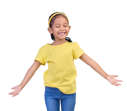 Laughing, excited and a girl with a smile, celebration and playing in youth. Happy, female child or young kid with open arms, freedom and fashion kid clothes isolated on a transparent png background