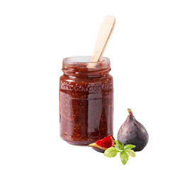 Fig jam or fig marmalade isolated with fresh, ripe figs, front view