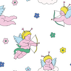 Beautiful vector kid seamless pattern with cute hand drawn little putti angels with flowers. Stock illustration.