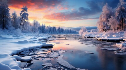 Beautiful winter forest on the river at sunset. Panoramic landscape with snowy trees, frozen river...