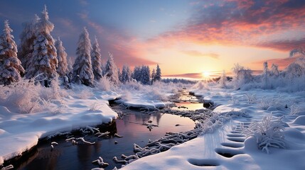 Beautiful winter forest on the river at sunset. Panoramic landscape with snowy trees, frozen river with reflection in water. Seasonal