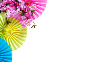 Chinese or lunar new year flat lay with paper decorations and sakura flowers isolated 