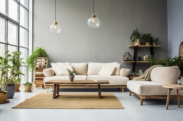 Clean living room interior decorated with sofas plant pots. A table or modern furniture. The atmosphere is comfortable and natural.