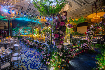 beautiful luxury wedding event colourful flower flora decoration concept and romantic lighting...