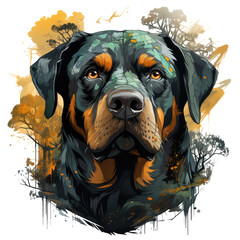 A mystical Halloween Rottweiler dog t-shirt design, set in an ancient forest where the trees are twisted and gnarled, Generative Ai