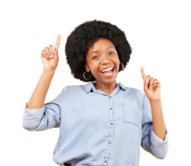 Portrait, pointing up and black woman with promotion, happy and opportunity isolated on a transparent background. Face, female person and model with gesture, excited and happiness with png and choice