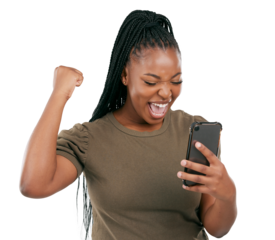 Success, wow and news with black woman and phone on png for notification, social media and announcement. Happy, winner and giveaway with person isolated on transparent background for promotion