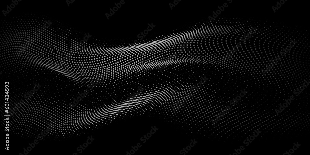 Poster Flowing dots particles wave pattern white light isolated on black background. Vector in concept of technology, science, music, modern.