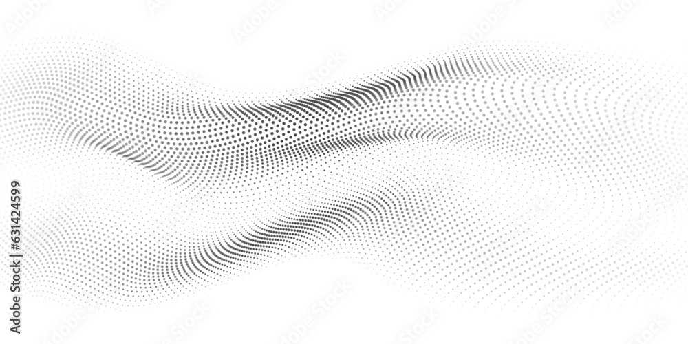Fototapete Flowing dots particles wave pattern 3D curve halftone black gradient curve shape isolated on white background. Vector in concept of technology, science, music, modern.