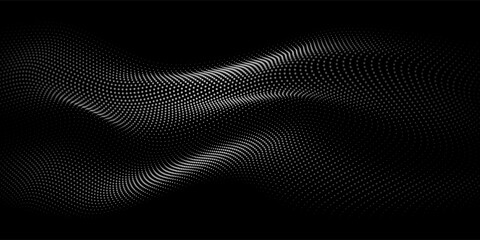 Flowing dots particles wave pattern white light isolated on black background. Vector in concept of technology, science, music, modern. - obrazy, fototapety, plakaty