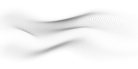 Flowing dots particles wave pattern 3D curve halftone black gradient curve shape isolated on white background. Vector in concept of technology, science, music, modern. - obrazy, fototapety, plakaty