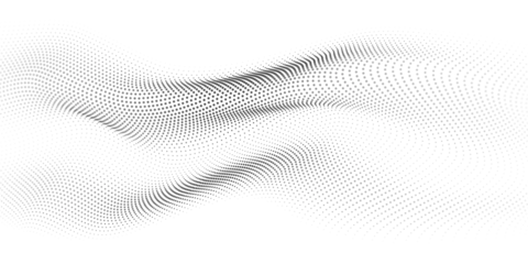 Flowing dots particles wave pattern 3D curve halftone black gradient curve shape isolated on white background. Vector in concept of technology, science, music, modern. © korkeng