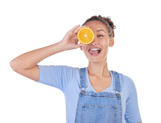 Portrait, tongue out and woman with orange for vitamin C or healthy diet isolated on a transparent PNG background. Face, fruit and female person with food for natural nutrition, citrus or wellness