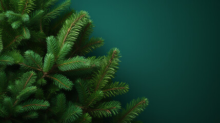 Fototapeta na wymiar Christmas tree branches on solid green background