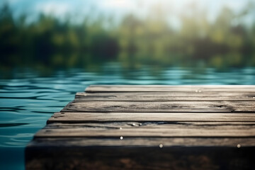 brown wooden floor object with sea water blurred background