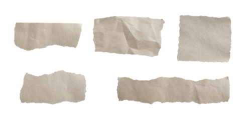Set of grey torn paper pieces isolated on transparent background.