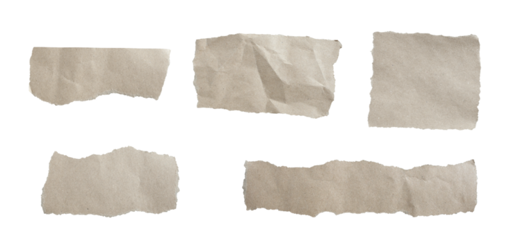 Set of grey torn paper pieces isolated on transparent background.