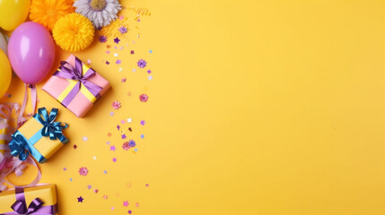 Flat lay composition with birthday decor on yellow background, space for text