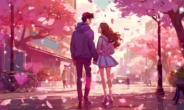 couple holding hands and walking on the side of the city smiling cartoon anime style. light love effect. autumn tree. Animated looping background