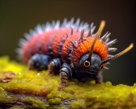 A photorealistic image of a super macro shot of Velvet worm,  macro lens, emphasizing the detail and realism of image. Generative AI