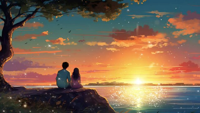 couple sitting by the sea looking at the evening sunset and shooting stars. anime couple style. seamless looping video animated background.