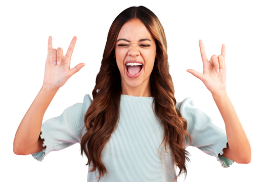 Hand, sign and rock and roll for woman at music, concert or excited for culture festival on transparent, isolated or png background. Crazy, metal and gesture for sound of punk rocker, emoji or icon - Powered by Adobe