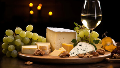 Glass of white wine, variety of cheese pieces, elegant wooden plate and luxurious atmosphere
