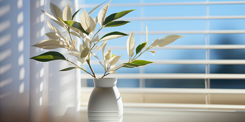 Minimalistic light background with a ceramic vase with the plant and blurred foliage shadow on a light wall. Generated AI.