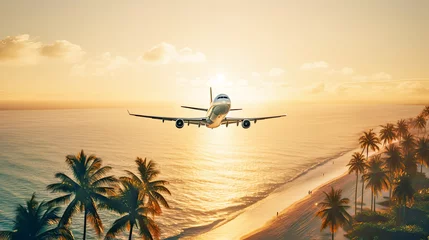 Poster de jardin Coucher de soleil sur la plage Airplane flying above calm sea and palm trees in clear sunset sky with sun rays. Concept of traveling, vacation and travel by air transport. Beautiful sky background