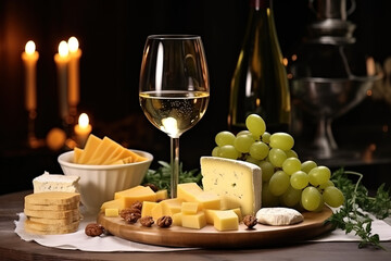 Dreamy close-up capturing the smooth, creamy nature of cheeses, with a glass of white wine