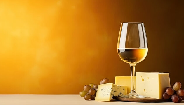Dreamy close-up capturing the smooth, creamy nature of cheeses, with a glass of white wine
