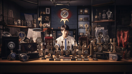 Korean Esports Gaming Trophies and Medals against Studio Bokeh Background